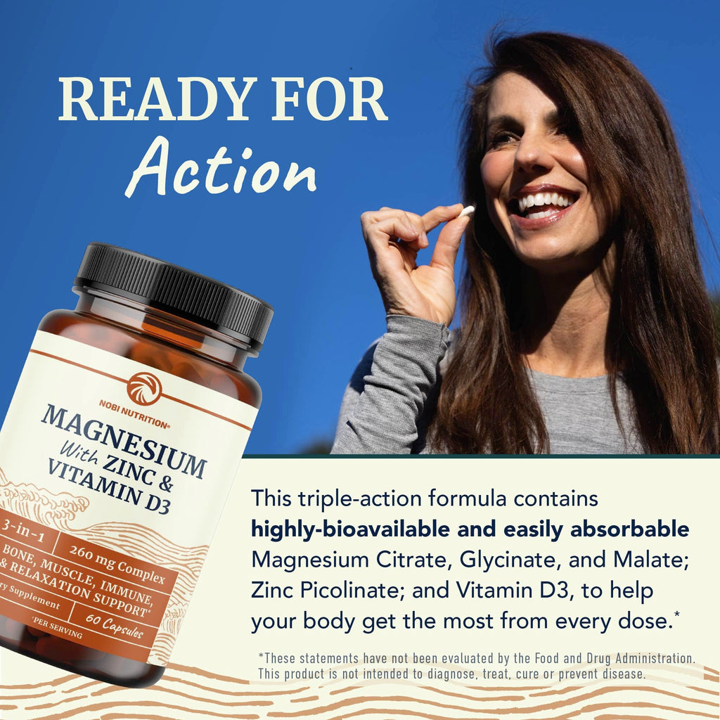 Magnesium Zinc & Vitamin D3 | 260MG Complex | High Absorption Mag Citrate, Glycinate & Malate | Muscle, Nerve Function & Bone Health Support | Zinc and Magnesium Supplement with VIT D3 | 60 Ct.