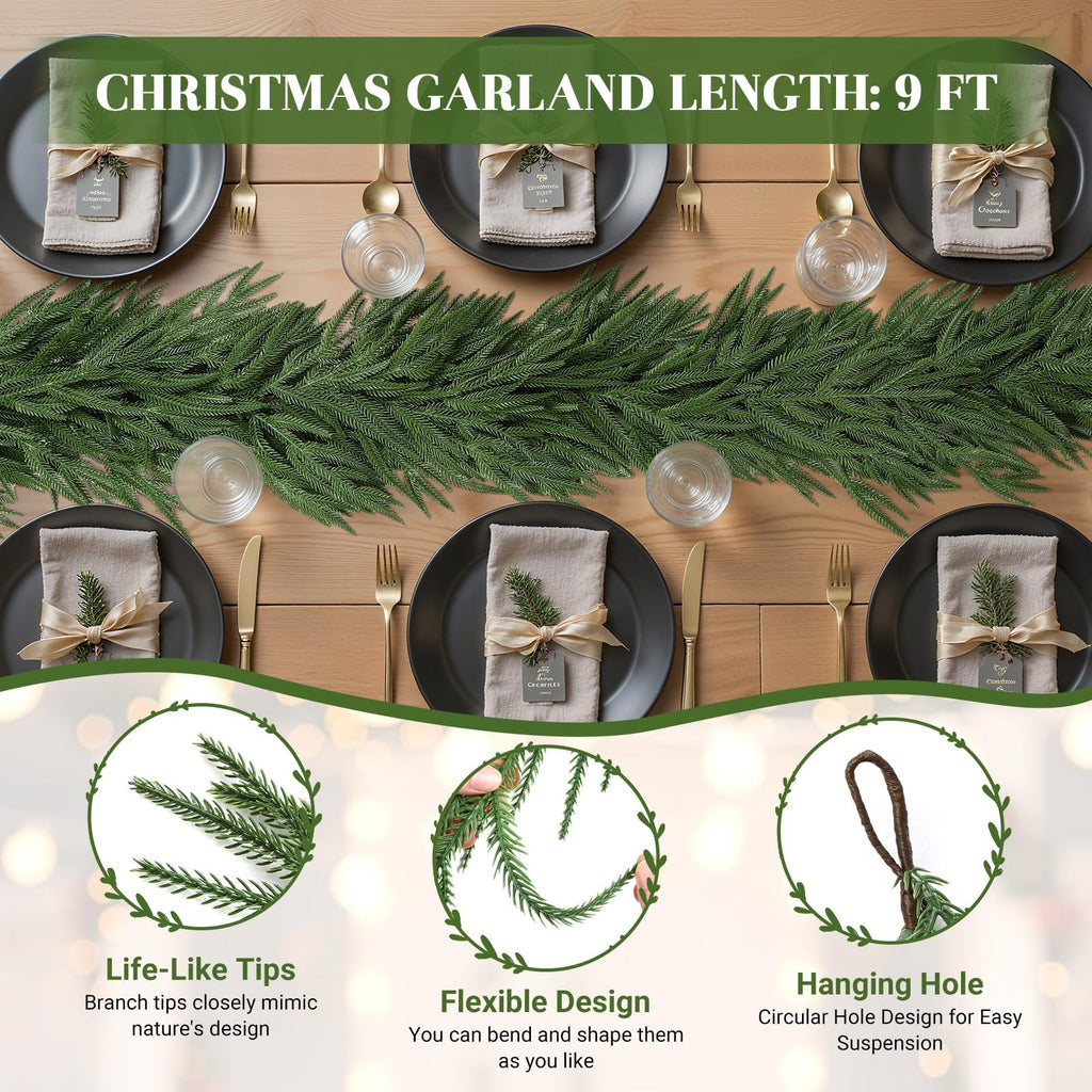 Alupssuc 9FT Christmas Garland, Artificial Real Touch Norfolk Pine Garland