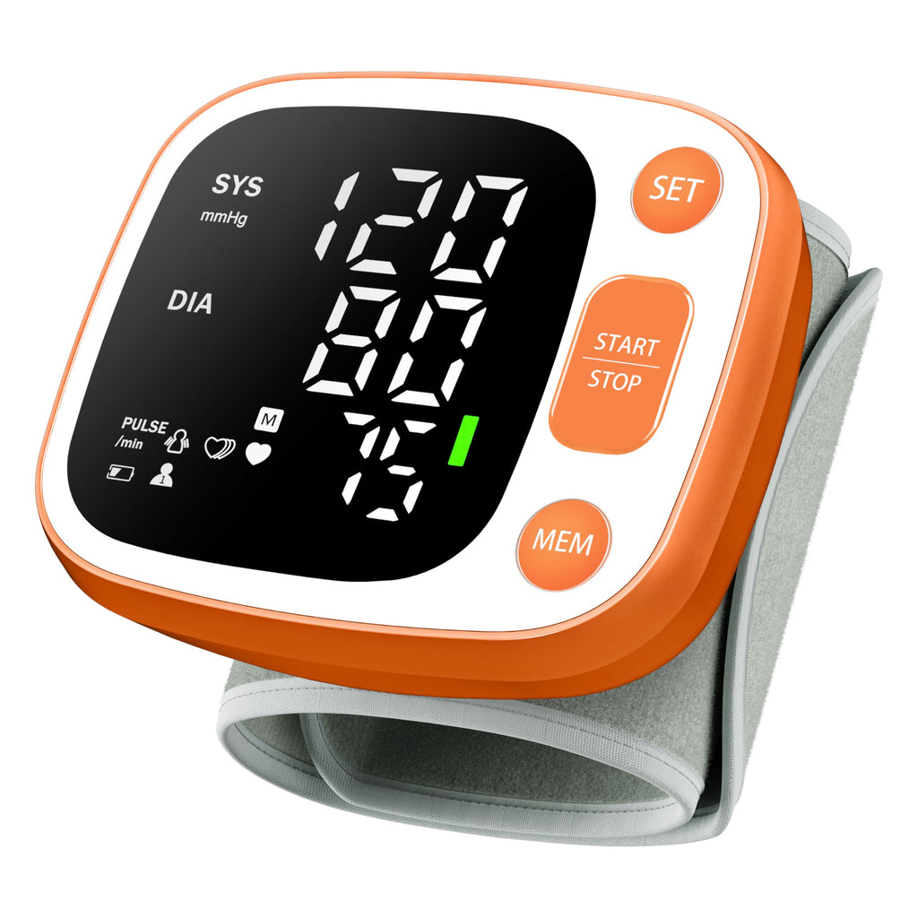 Oklar Blood Pressure Monitors for Home Use Rechargeable Wrist Digital BP Machine Cuff with LED Backlit Display, Voice Broadcast, 240 Memory Storage for 2 Users with Carrying Case, Orange