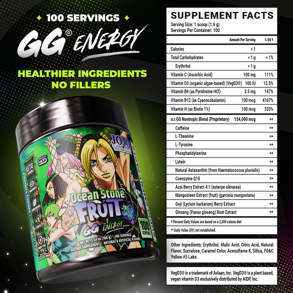 Gamer Supps GG Energy - JoJo's Ocean Stone Fruit (100 Servings) - Keto Friendly Gaming Energy and Nootropic Blend, Sugar Free + Caffeine + Vitamins + Immune Support, Powder Drink