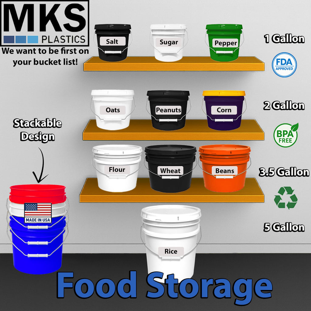 MKS Plastics 2-Gallon Bucket with Airtight Lid – Made in USA, Food Grade BPA Free Plastic, Heavy Duty Multi-Use, Metal Handle with Grip, Stackable Storage – White, 10 Pack
