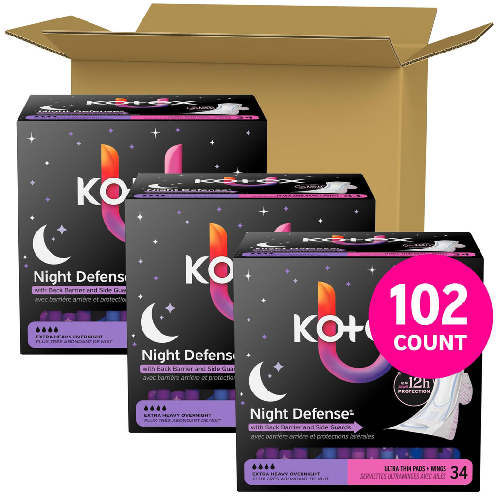 Kotex Ultra Thin Overnight Pads with Wings, Extra Heavy Absorbency, 102 Count (3 Packs of 34) (Packaging May Vary)