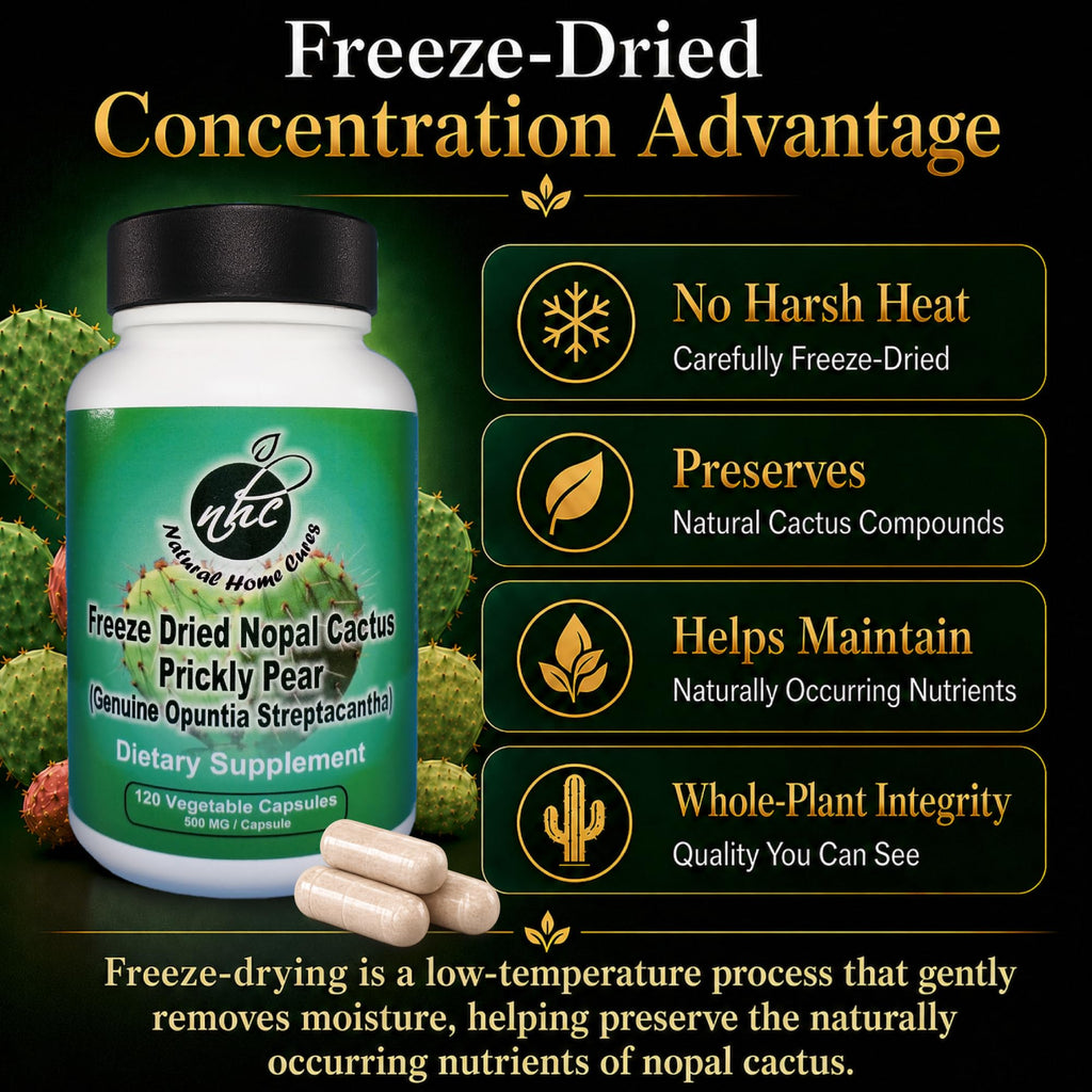 Natural Home Cures Freeze-Dried Nopal Cactus Capsules, Whole Prickly Pear Cactus Powder, Plant-Based Fiber Supplement for Daily Wellness, 500 mg, 120 Vegan Capsules (4 Bottles)