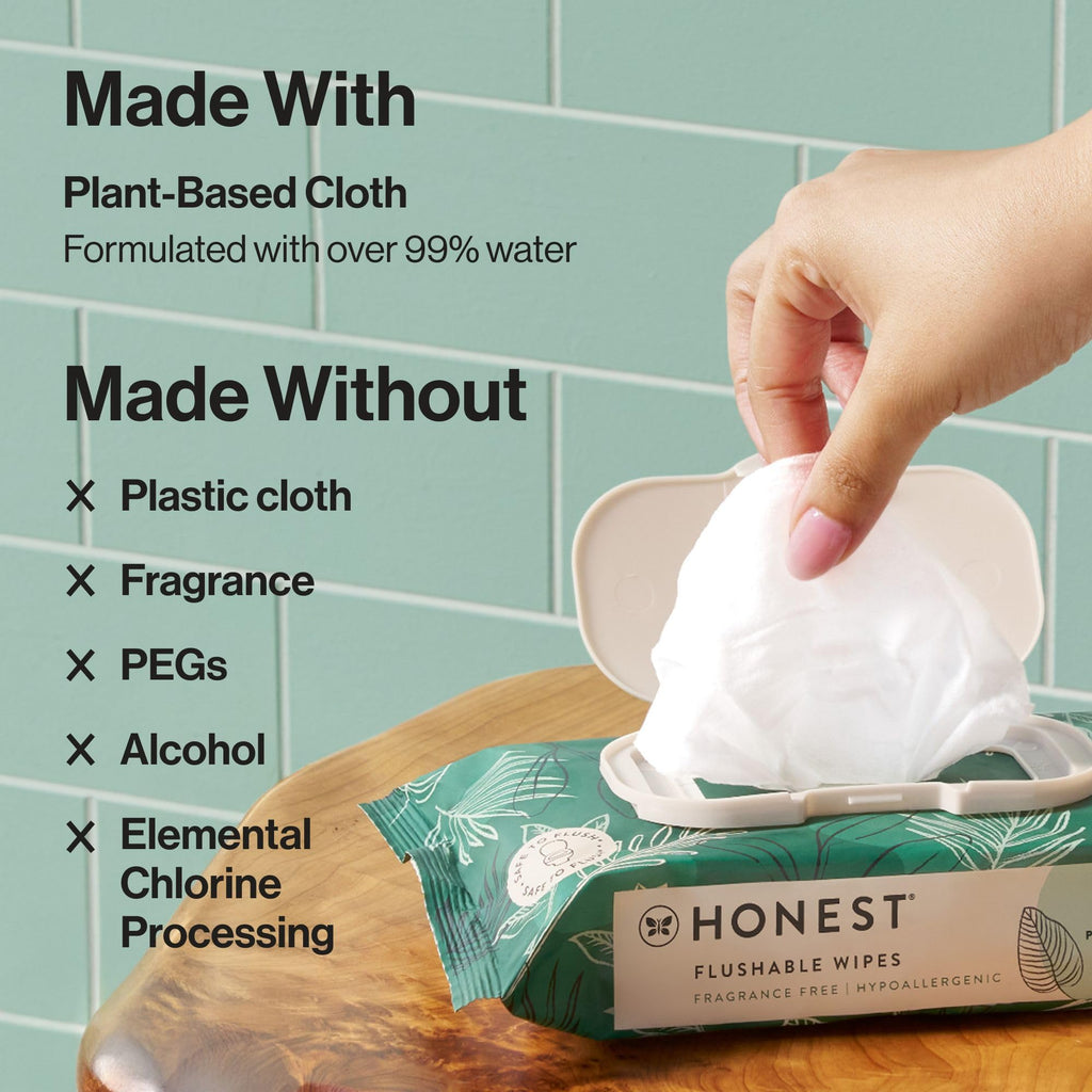 The Honest Company Flushable Wipes for Sensitive Skin, Hypoallergenic, Fragrance-Free, Tropical Leaves Design, 336 Count (4 Packs of 84)