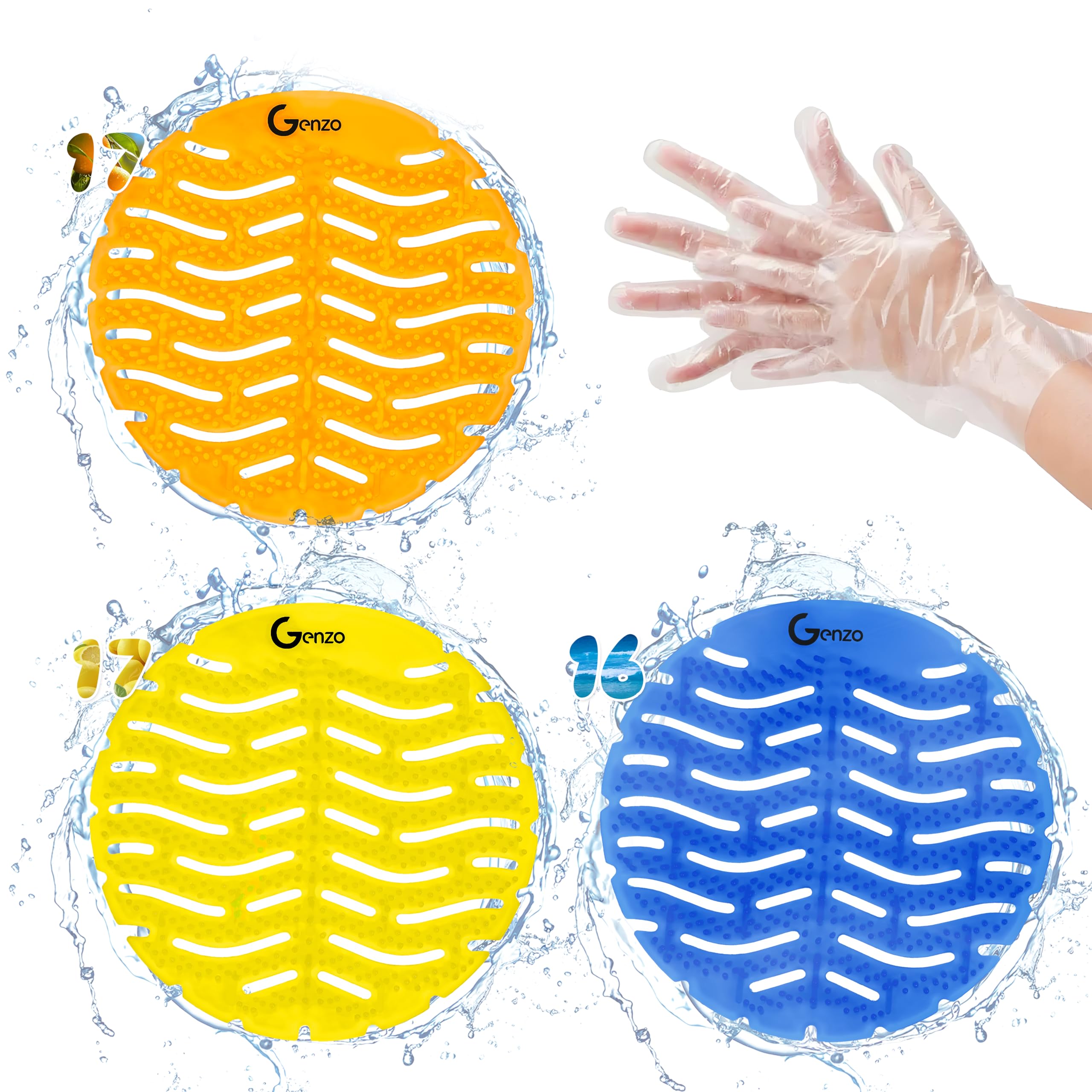 GENZO 50 Pack Urinal Screen Deodorizer, Anti-Splash & Long-Lasting Fragrance Urinal Cakes with Gloves, 17 Yellow, 17 Orange and 16 Blue Urinal Pads Fits to All Toilets
