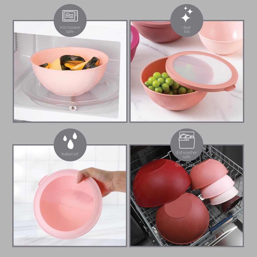 COOK WITH COLOR Mixing Bowls with Lids - 12 Piece Plastic Nesting Bowls Set includes 6 Prep Bowls and 6 Lids, Rhombus Design - Microwave Safe (Rose)