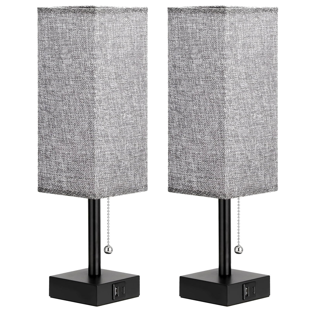 aooshine Bedside Table Lamps Set of 2 - Gray Bedroom Lamps with 3 Color Temperatures (3000K/5000K/4000K), Square Nightstand Light with USB C + A Charging Ports, Pull Chain Small Night Light
