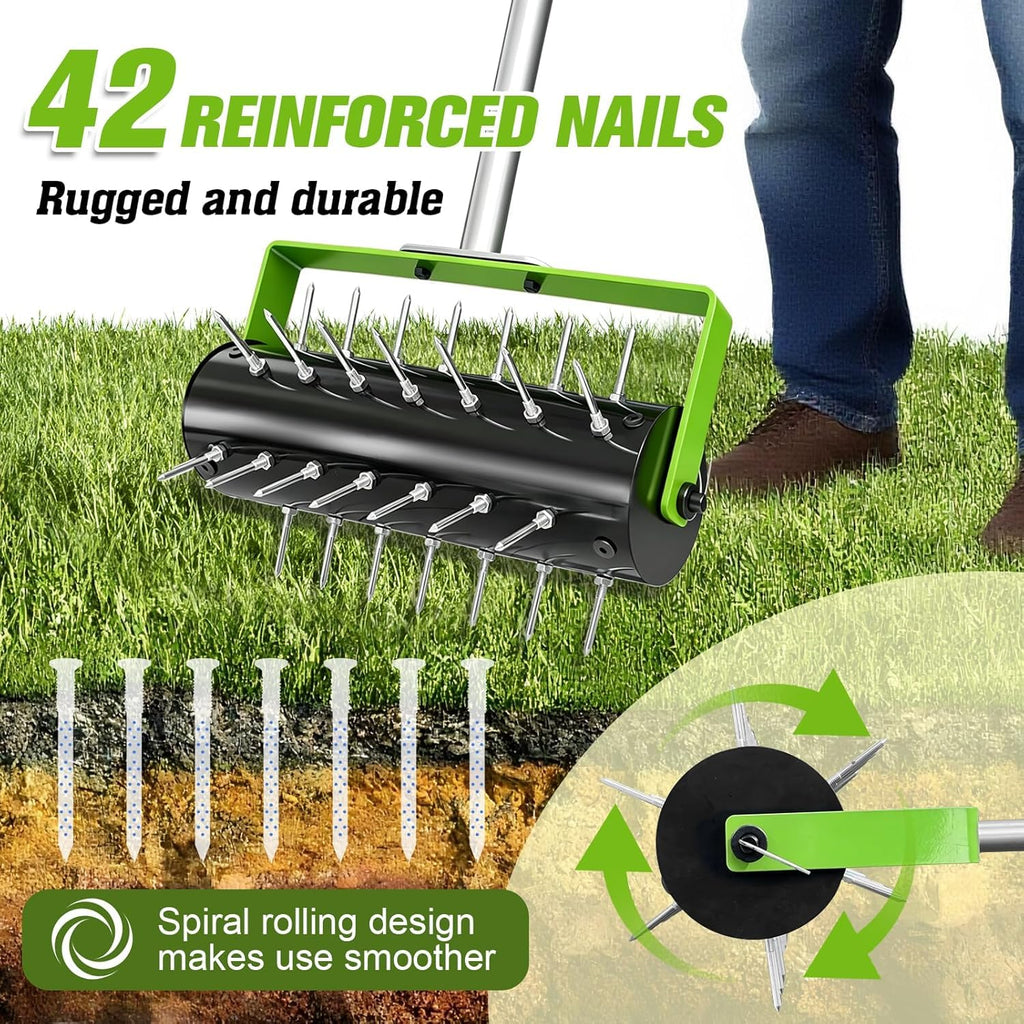 Failenfeivp Rolling Lawn Aerator Tool Heavy Duty Manual Push Aerator Lawn Tool with 42 Spikes Lawn Aerator Spike Tool for Maintaining Garden Yard Soil Health(Green,70IN)
