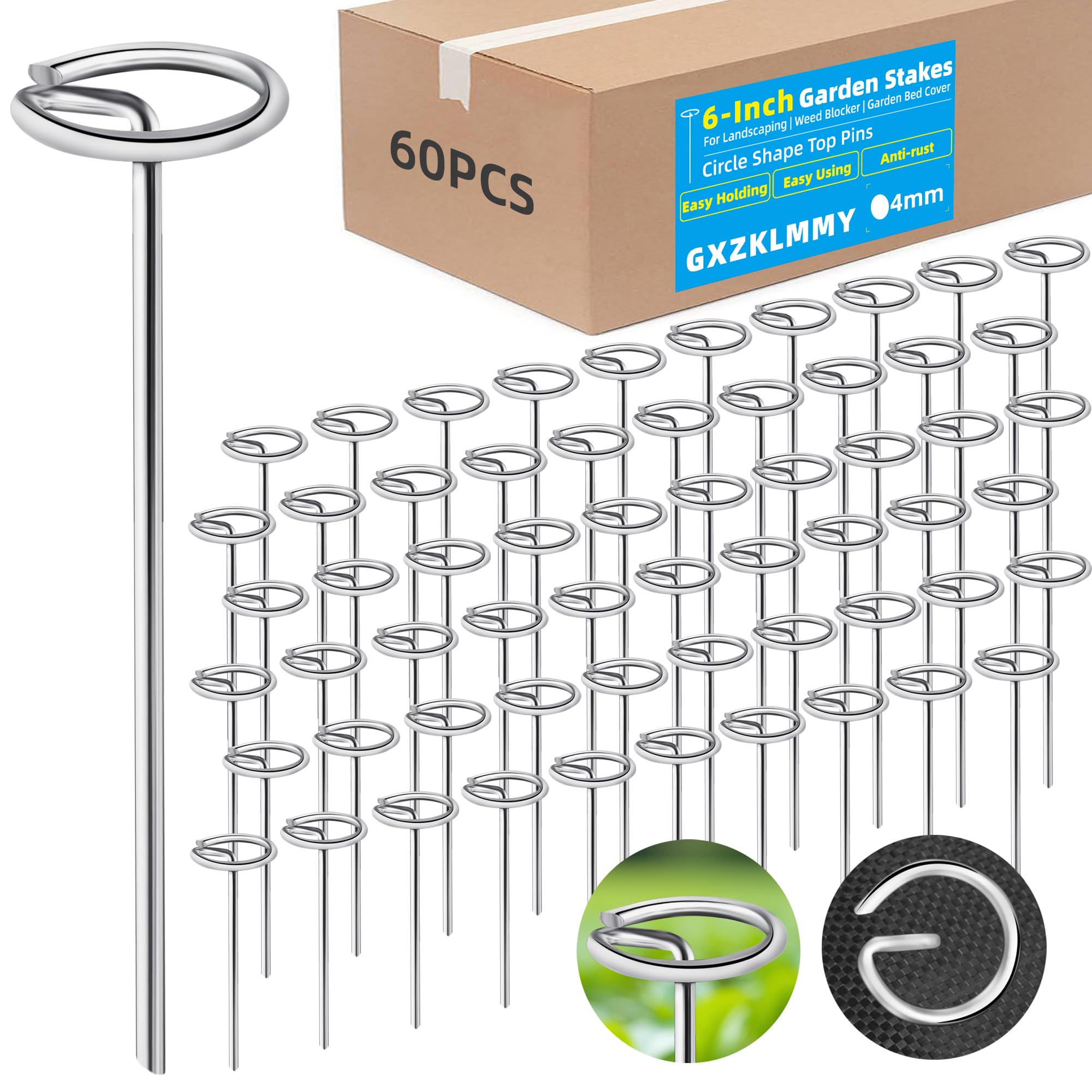 60Pcs Thick 8 Gauge 0.16 in Circle Top Landscape Fabric Pins Hard Holding,6 Inch Galvanized Landscape Fabric Stakes, for Tent, Weed Barrier Fabric, Plant Cover,Landscape Pins Stronger Not Easy Bend