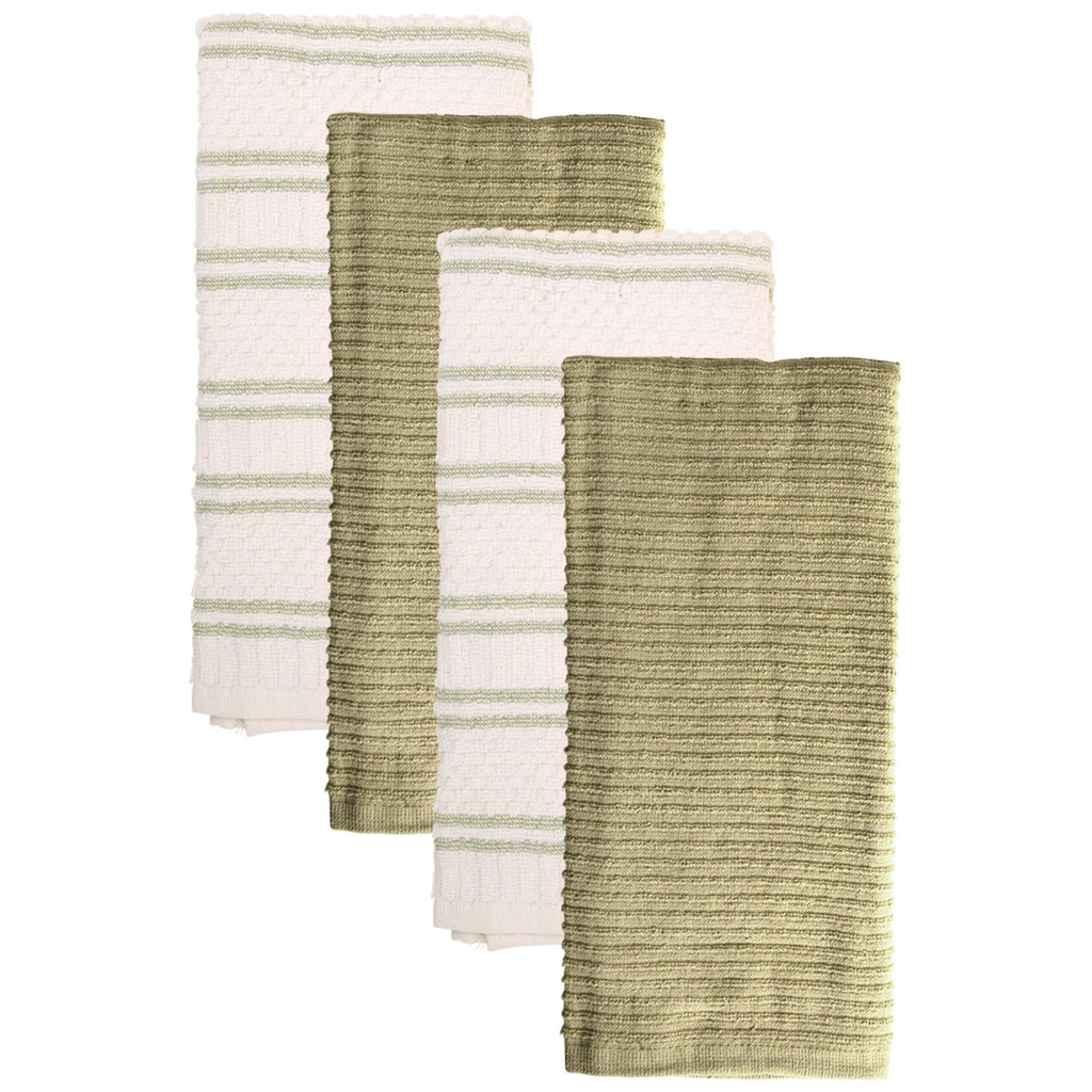 MosJos Kitchen Towels, Cotton Hand Towels, Sage Green and Cream Ribbed - Mini Weaved Stitched Set of 4 Absorbent Hand Drying Cloths, 18 x 28 Kitchen Linens