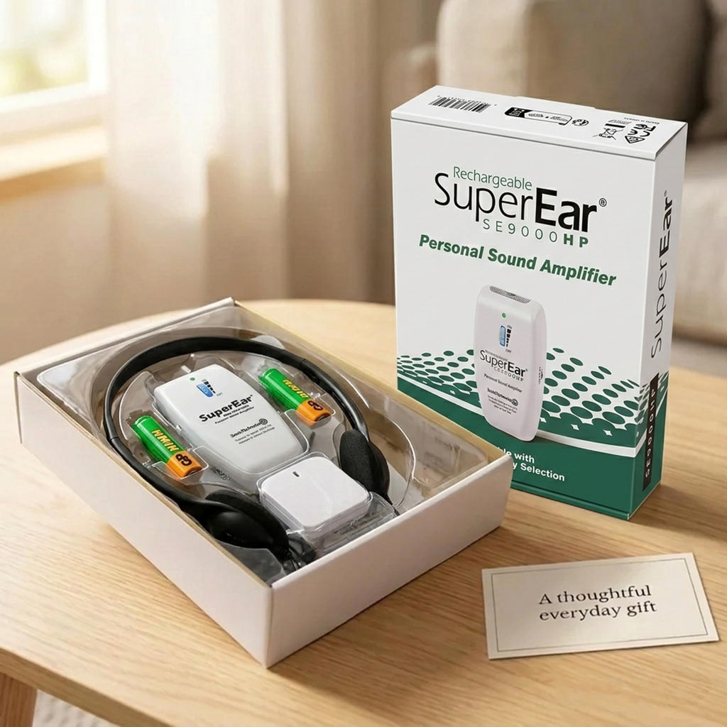 SuperEar SE9000HP Hearing Amplifier – Rechargeable Personal Sound Amplification System with Headphones & Earbuds, 50dB Boost, 3-Tone Selection