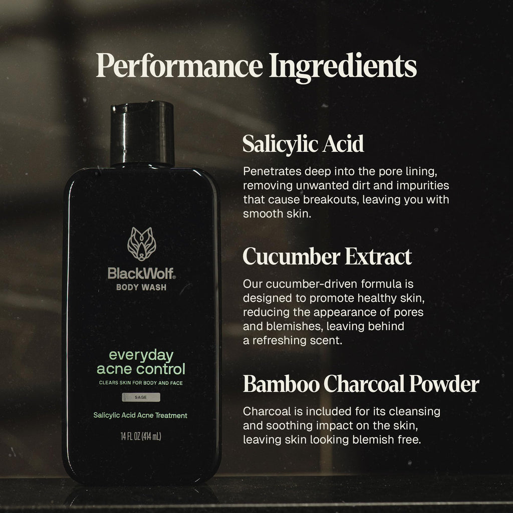 Black Wolf Salicylic Acid Body Wash for Men - 10 Fl Oz, 2-Pack - Men's Acne Body Wash - Charcoal Helps Reduce Acne Breakouts & Cleanse Your Skin - Full Coverage & Deep Clean Treatment - Men's Bodywash