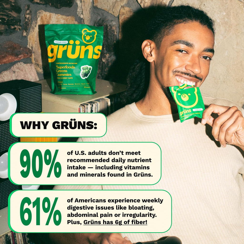Gruns Sugar-Free Super Greens Gummies, Multivitamin Superfood Gummy Bears, Spirulina, Chlorella, Prebiotics & Fiber gummies for Digestive Health, Adaptogens Supplement, 20 Vitamins & Minerals, 10 pack