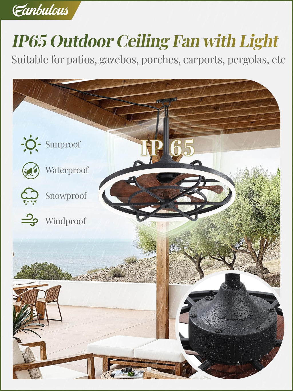 Fanbulous Outdoor Ceiling Fans with Light for Patios, 24" Weatherproof Plug in Ceiling Fan, Gazebo Fan Remote&APP Control, 3CCT Dimmable, Caged Ceiling Fan with Hanging Hook for Porch, Pergola, Canopy