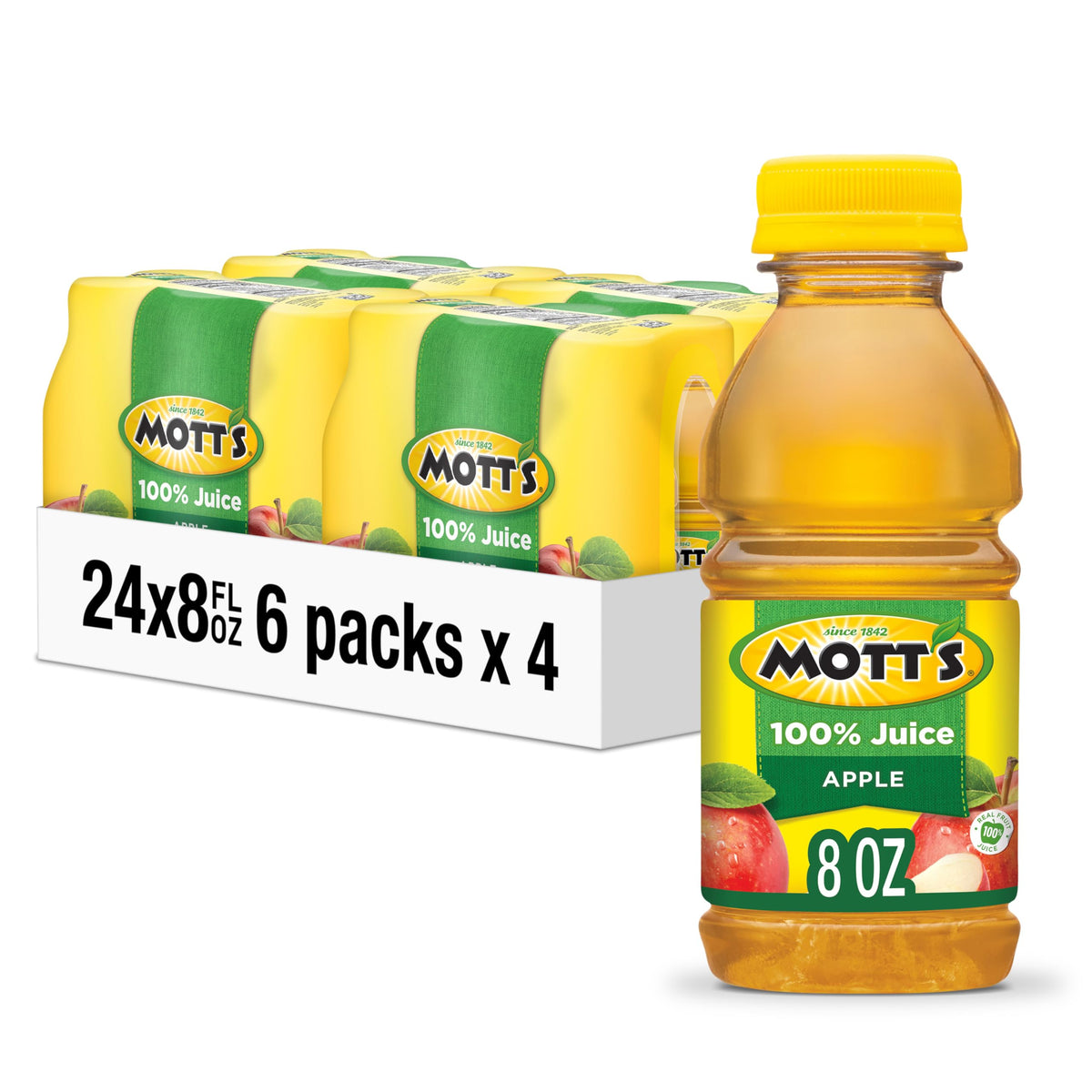 Mott's 100% Original Apple Juice, 8 Fl Oz Bottles, 24 Count (4 Packs Of 6), 2 Servings Of Fruit, 100% Fruit Juice, Gluten-free, Caffeine-free, Kosher, Contains No Artificial Colors Or Sweeteners