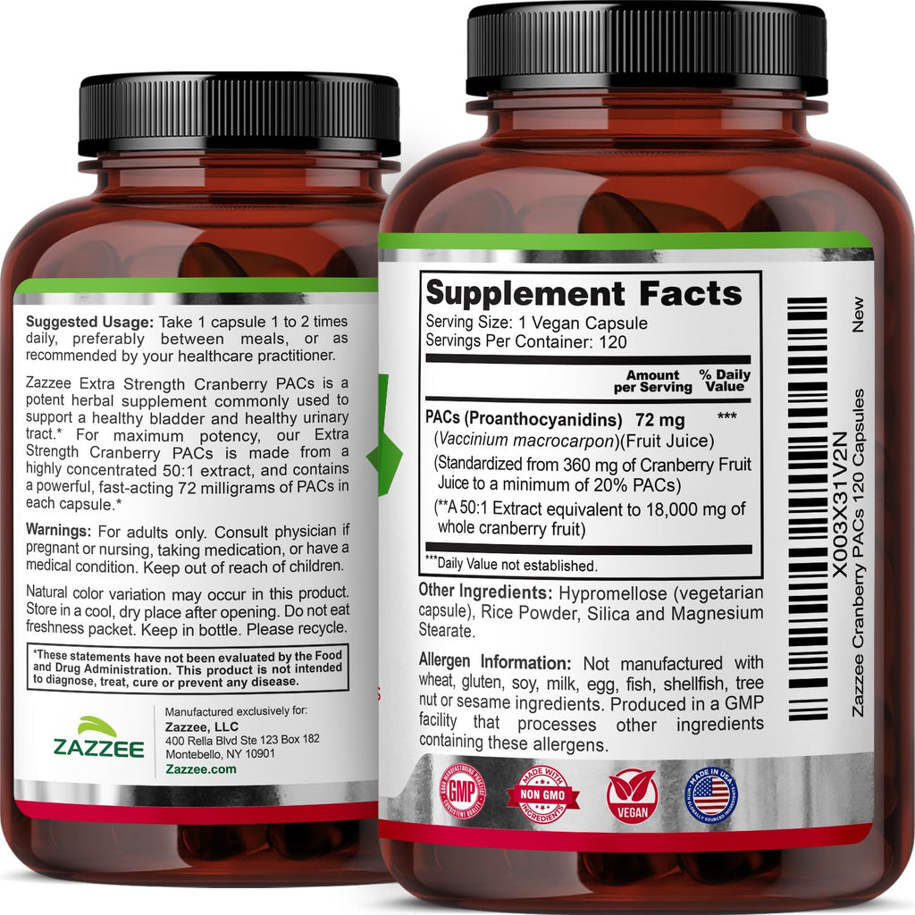 Zazzee Cranberry PACs, 72 mg PACs per Capsule, 2X Strength, 100% Soluble, 120 Vegan Capsules, 50:1 Extract, 18,200 mg Strength, Fast-Acting, Effective Urinary Tract Support, Made in The USA