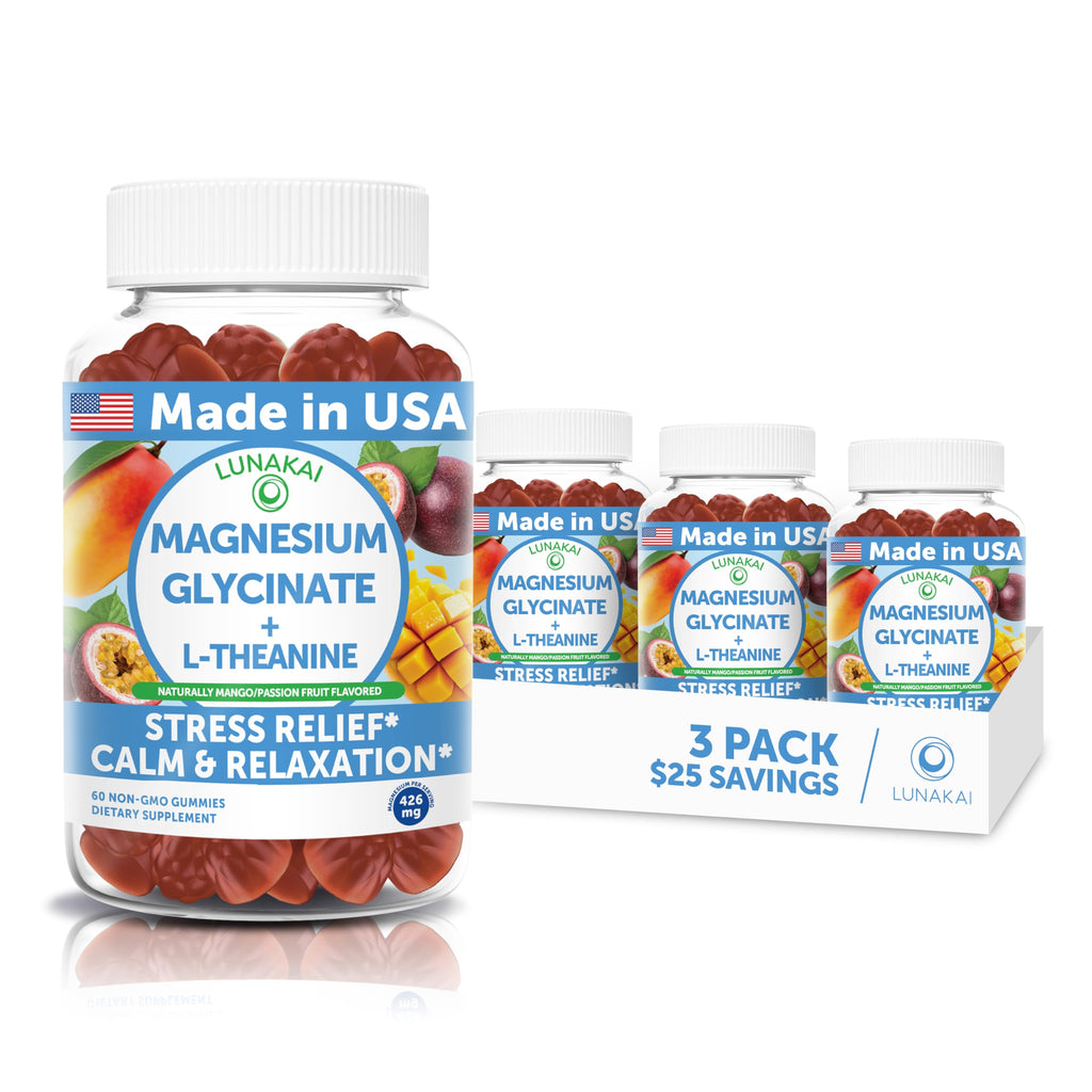 Lunakai USA Made Magnesium Glycinate Gummies with L-Theanine for Kids & Adults – 420mg Magnesium Supplement for Calm, Sleep & Stress Support - 3 Pack