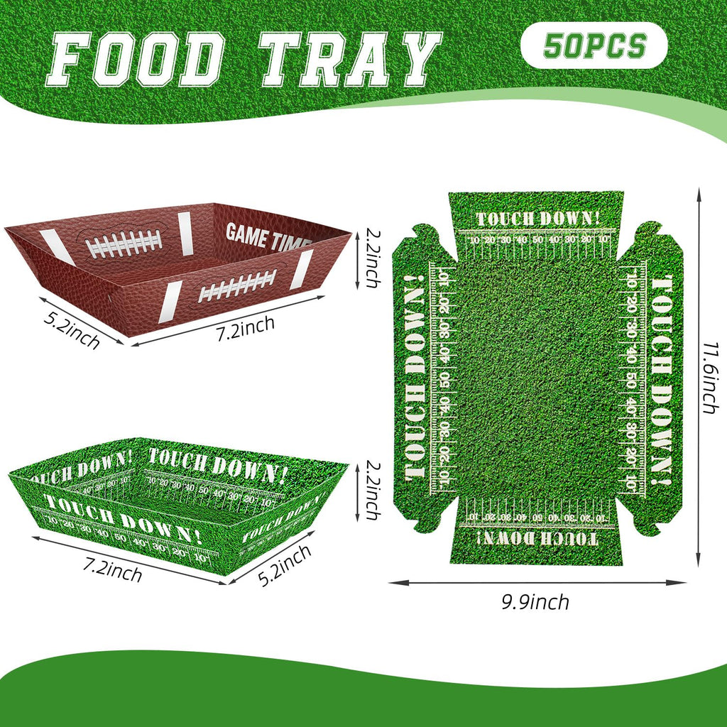 50 Pcs Football Party Decorations, Disposable Food Tray for Super Bowl, Snack Trays, Large Serving Boats for Birthday, Tailgate & Sports Theme Events – 2 Designs