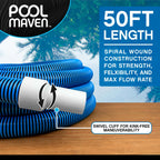 POOLMAVEN Heavy-Duty Manual Pool Vacuum Hose, 50 Ft x 1-1/2”, Kink-Free Swivel Cuff, Professional Grade Spiral-Wound Design, UV & Chemical Resistant for Inground & Above Ground Pools, Made in USA
