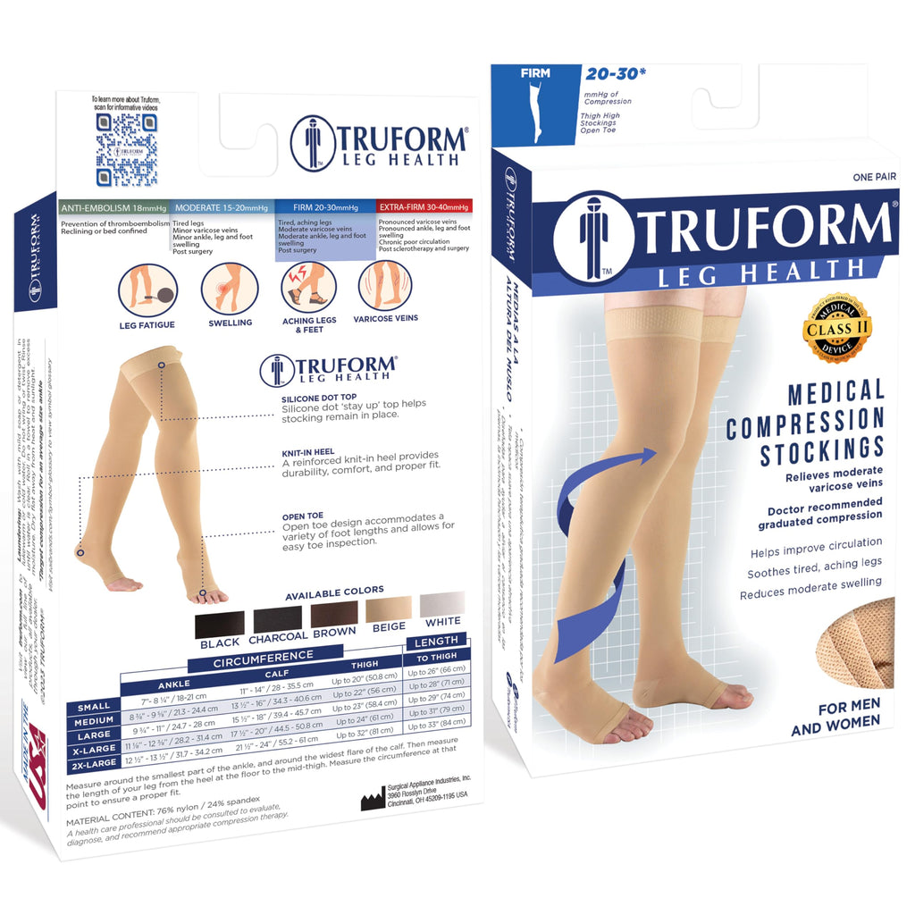 Truform 20-30 mmHg Compression Stockings for Men and Women, Thigh High Length, Dot-Top, Open Toe, Black, Large