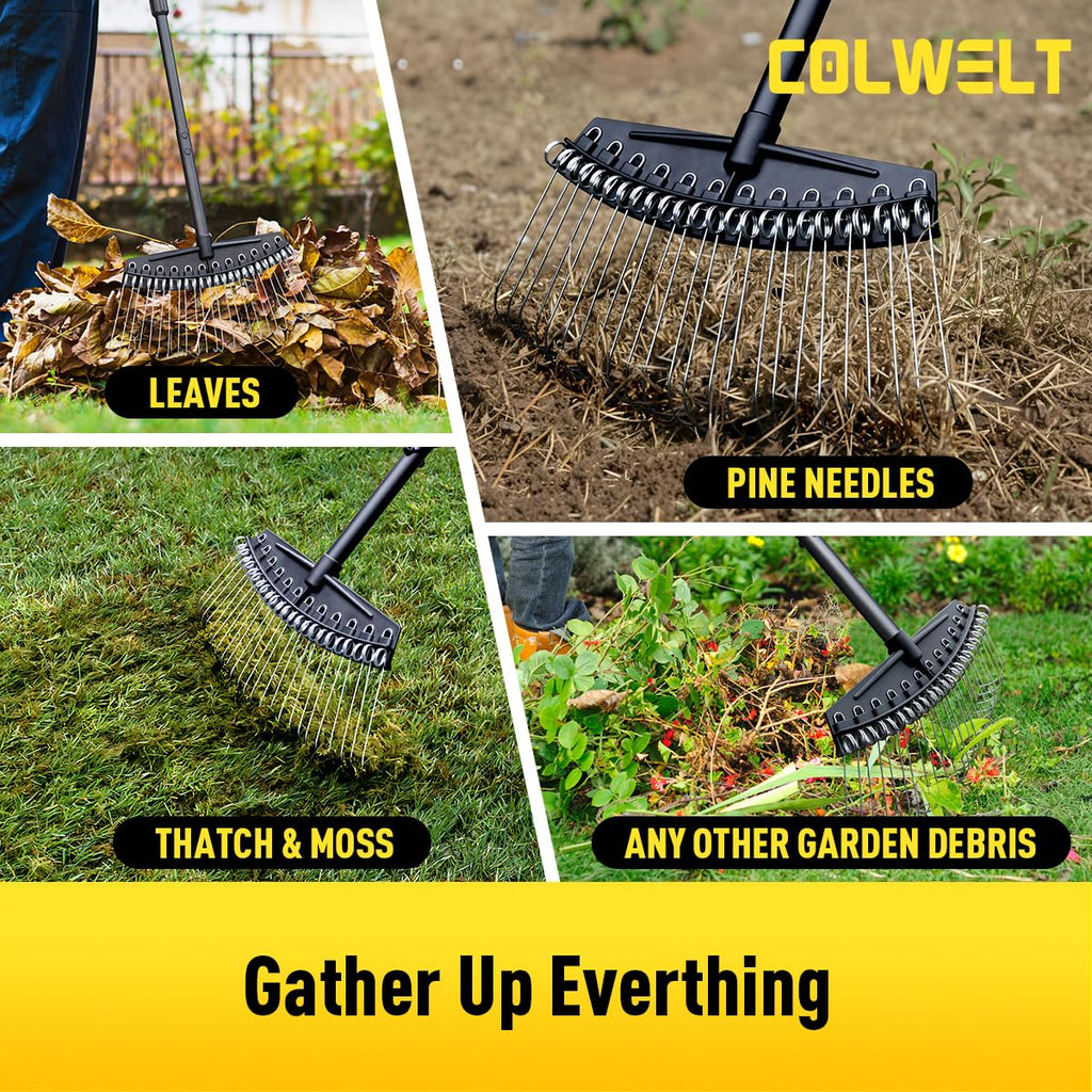 Colwelt Thatch Rake, Dethatcher Rake with Thin, Curved Spring Steel Tines, Dethatching Thatching Rake for Lawns with 61’’ Steel Handle, Lawn Tine Rakes for Pine Needles, Dead Grass, Garden Debris