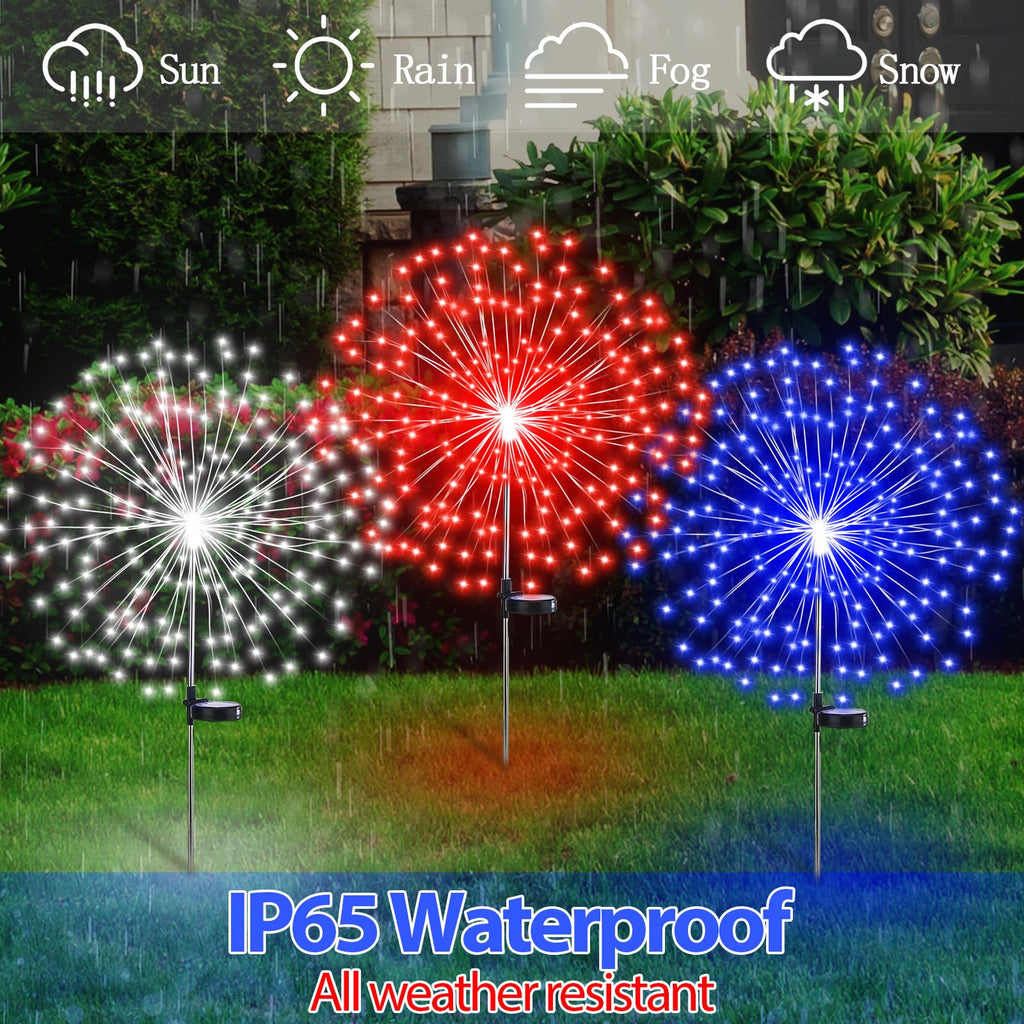 Tujoe 9 Pcs 4th of July Solar Firework Stake Lights 180 LED 8 Modes Solar Waterproof LED Sparkler Lights Outdoor Patriotic Decoration for Memorial Independence Day Garden Patio Yard (Red, Blue, White)