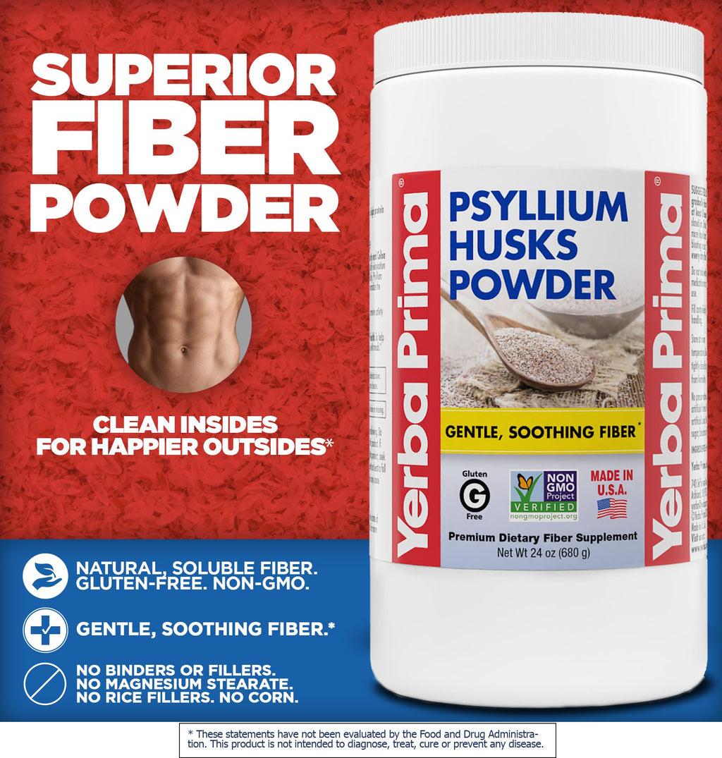 Yerba Prima Psyllium Husks Powder - 24 oz (Pack of 2) - Unflavored - Fine Ground - Natural Fiber Supplement with Soluble & Insoluble Fiber