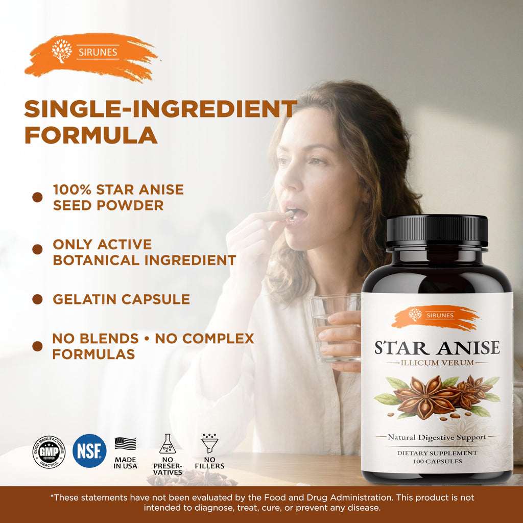 SIRUNES Star Anise Capsules (Illicium Verum) – 800 mg per Serving, 400 mg per Capsule – Herbal Star Anise Supplement – Natural Botanical Spice Extract – Gelatin Capsules – 100 Count