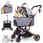 LENSEMUS Dog Stroller for Max 45 lbs Dogs - 3 in 1 Pet Stroller with Detachable Storage Basket 4 All-Terrain Rubber Wheels Pull Rod Durable Travel Carrier for Medium Dogs 2 Small Cats (Grey)