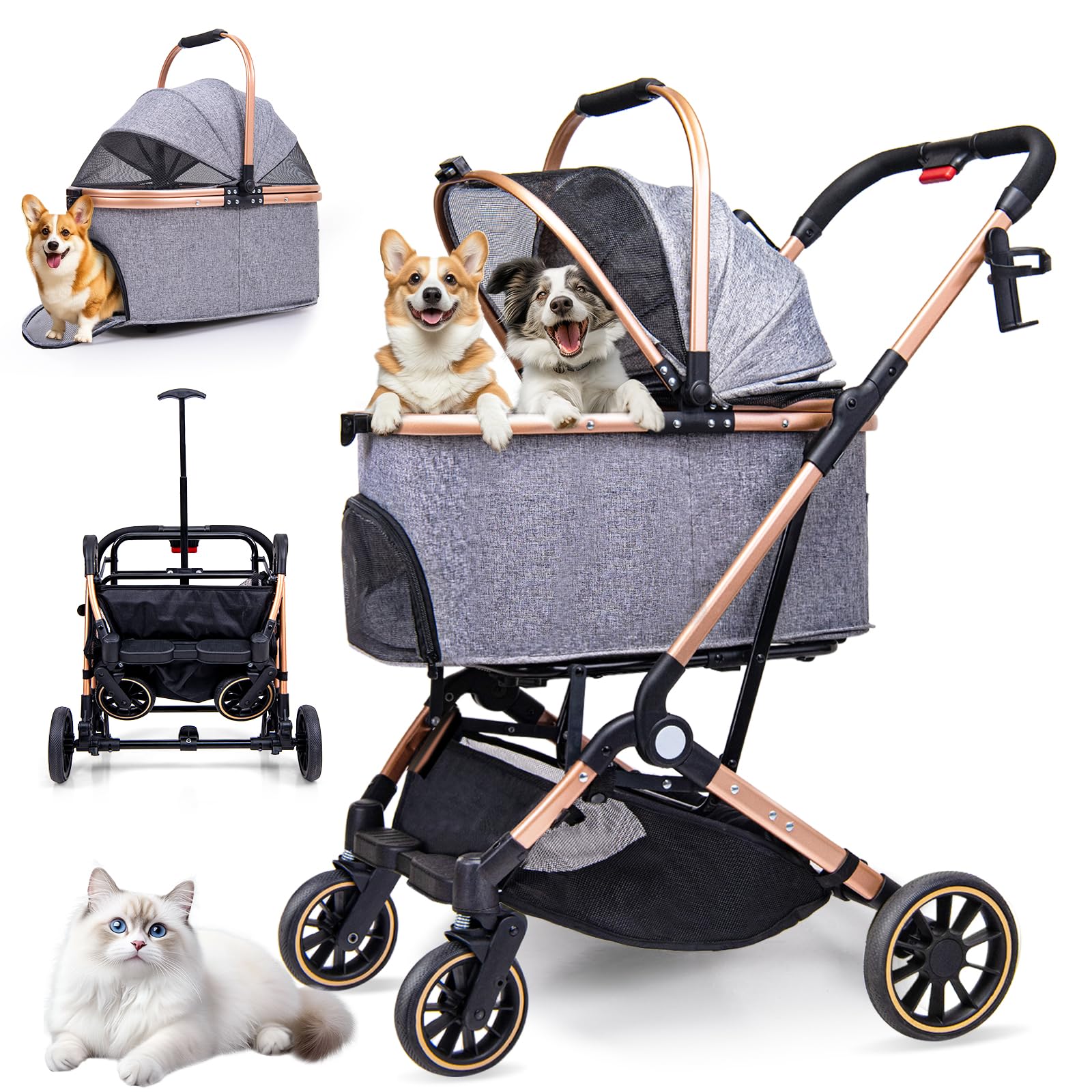 LENSEMUS Dog Stroller for Max 45 lbs Dogs - 3 in 1 Pet Stroller with Detachable Storage Basket 4 All-Terrain Rubber Wheels Pull Rod Durable Travel Carrier for Medium Dogs 2 Small Cats (Grey)