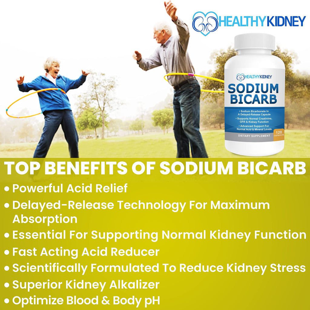 Sodium Bicarbonate 650mg Capsules Delayed Release for Supporting Normal Kidney Function & Kidney Supplement. Sodium Bicarbonate for Acid Relief, Alkalinity 120 Pills 2-Pack