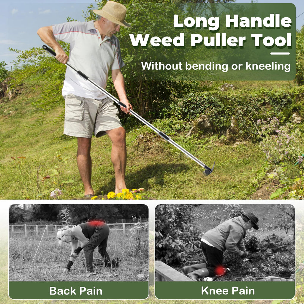 NICOFPHY Weed Puller Tool with Long Handle, Heavy Duty Garden Hoe and Rake