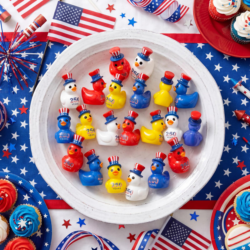 Skylety 100 Pcs Patriotic Mini Ducks 4th of July Independence Day Party Decor 250th Anniversary Red White Blue Ducks with Glue Points Garden Potted Miniature Cake Decoration Craft Patriotic Collectors
