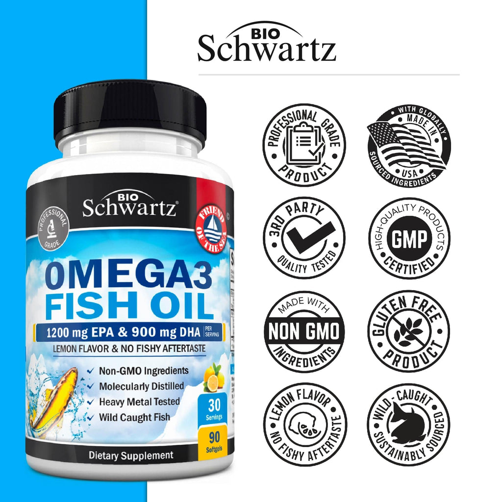 Triple Strength Omega 3 Fish Oil 3000mg - High Potency Omega 3 Supplement for Women and Men, Burpless Lemon Flavor Fish Oil - 2250mg Essential Fatty Acids with DHA & EPA, Wild Caught, 90 Softgels