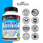 Triple Strength Omega 3 Fish Oil 3000mg - High Potency Omega 3 Supplement for Women and Men, Burpless Lemon Flavor Fish Oil - 2250mg Essential Fatty Acids with DHA & EPA, Wild Caught, 90 Softgels