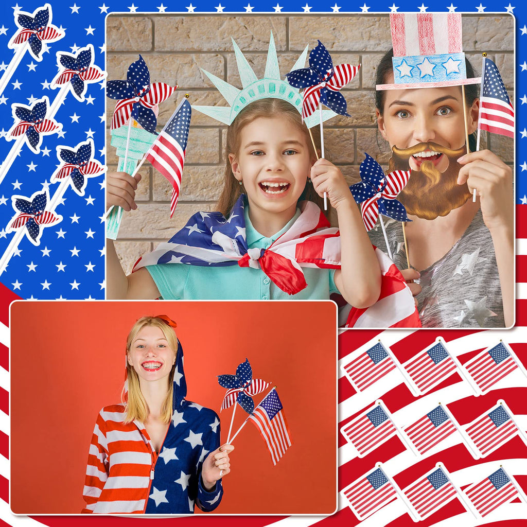 120 Pcs 4th of July Decorations Include 60 Patriotic Pinwheels 60 Small American Flags on Stick, Red White and Blue Pinwheel Windmill for Memorial Day Independence Day Parade Yard Decor Garden Outdoor