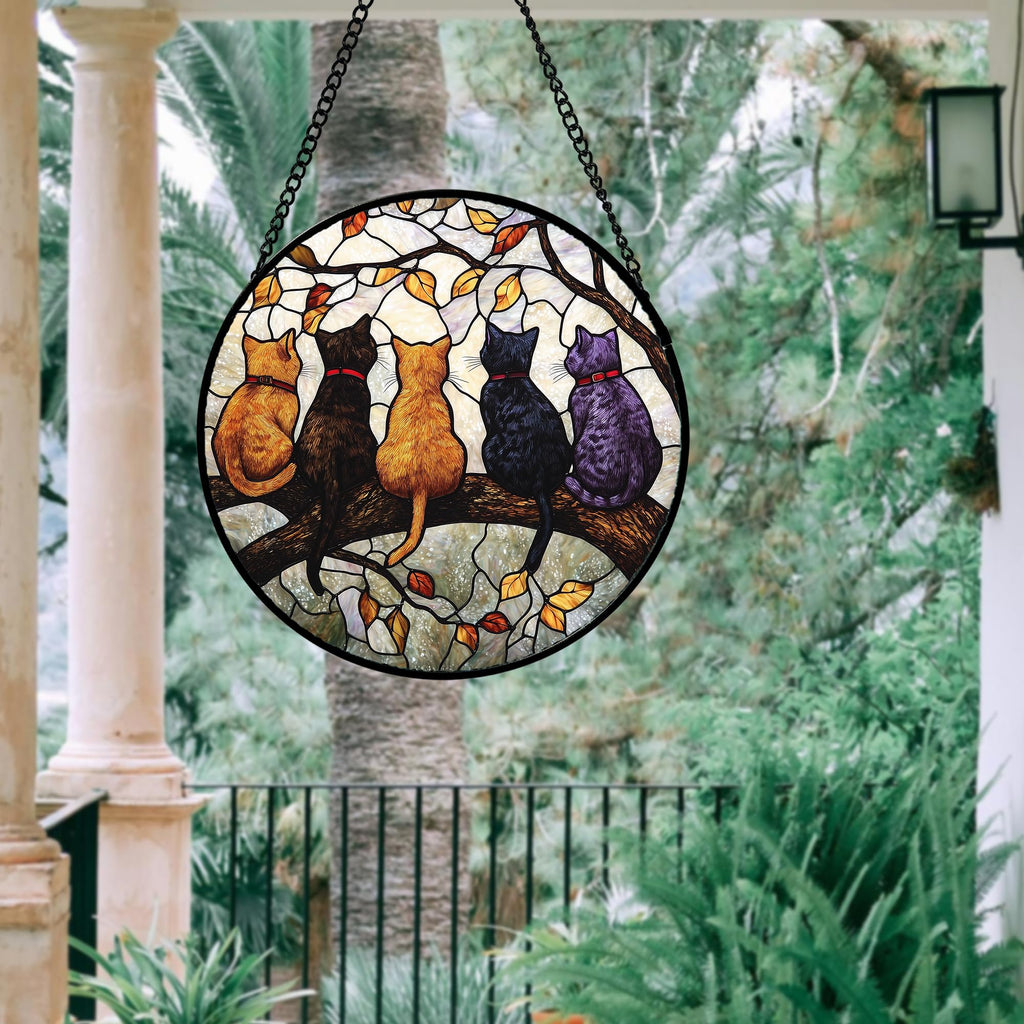 5 Cats on a Branch Stained Glass Window Hanging Suncatcher Gifts 6.3"