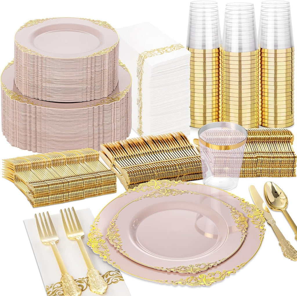 Nervure 350PCS Pink Plastic Plates - Pink Plastic Dinnerware Sets for 50 Guests - 100 Disposable Plates, 150 Gold Silverware, 50 Cups, 50 Napkins Perfect for Wedding & Party