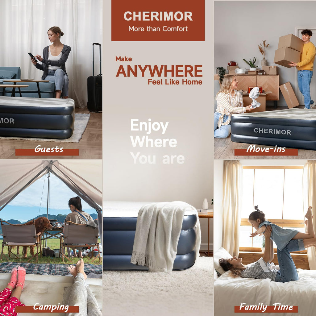CHERIMOR California King Size Air Mattress with Built in Pump, 18" Luxury Thick Inflatable Blow up Mattress for Guests & Home, Fast Self-Inflating Air Bed with Carry Bag for Camping