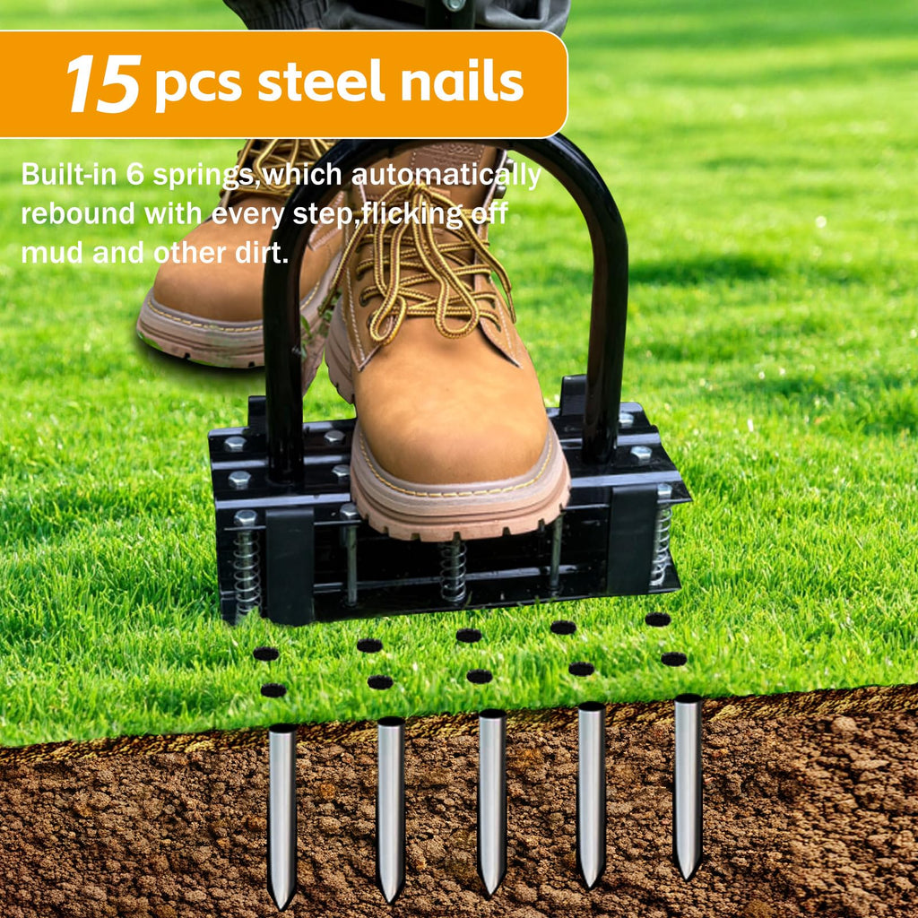 Aerator Lawn Tool - 2-in-1 Reinforced Heavy Duty Manual Lawn Aerator with 15 Spikes, Automatic Dirt and Leaf Clean Design, Adjustable T-Handle (Gloss Black)