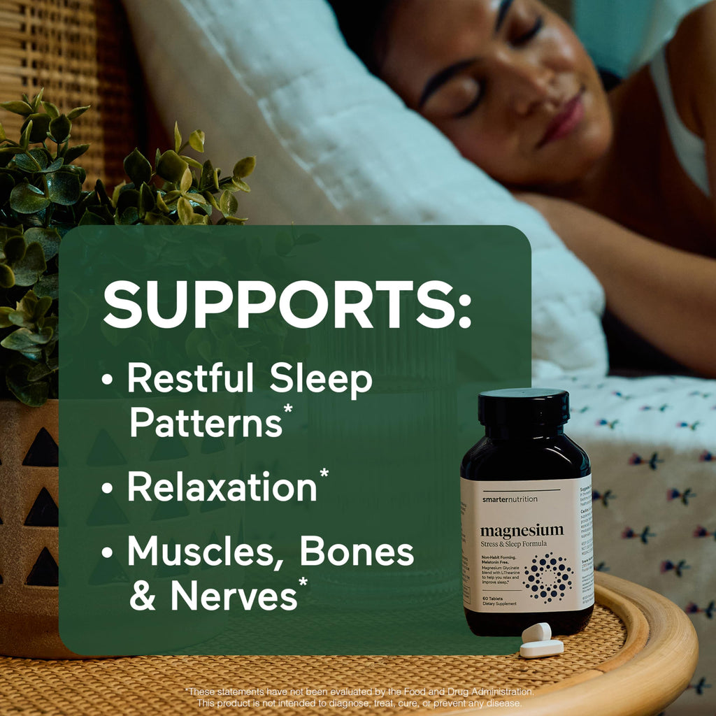 Smarter Nutrition Magnesium Complex - Chelated Magnesium Glycinate with Citrate, Malate and L-Theanine for Sleep, Muscle Relaxation and Stress Support - Non-GMO - 60 Tablets[30DaySupply]