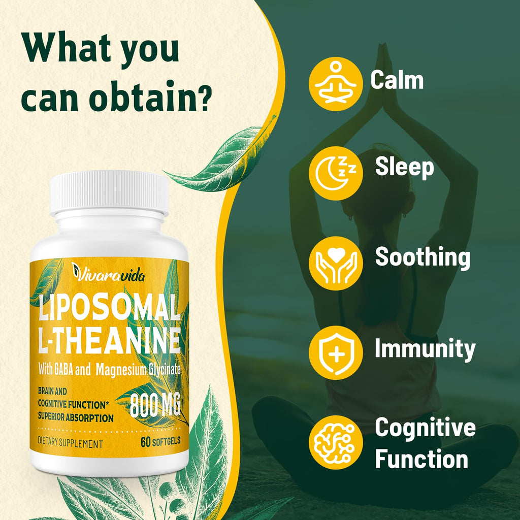 Vivaravida L-Theanine 800mg Supplement with GABA and Magnesium Glycinate - Natural Compound, Sleep and Relaxation (60 Softgels)