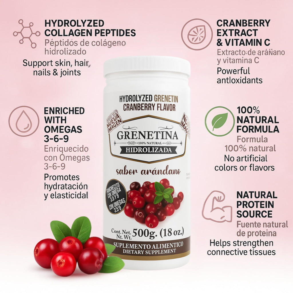 Pretty Bee Hydrolyzed Collagen Powder, Grenetina En Polvo Cranberry Flavor, Grenetina Organica, Collagen Supplement, Grenetina Hidrolizada En Polvo, 100% Natural, 18 oz