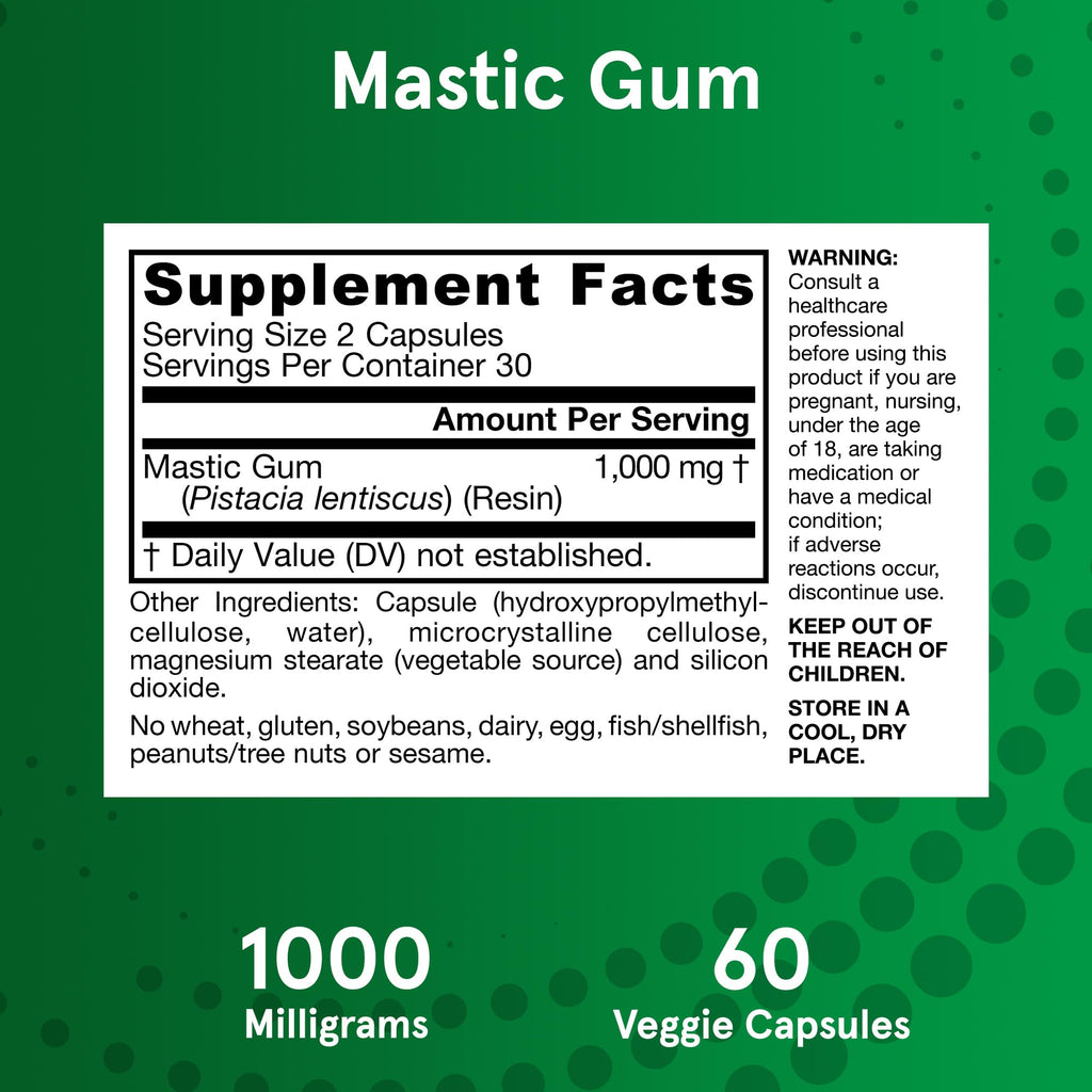 Jarrow Formulas Mastic Gum 1000 mg - 60 Veggie Caps - Mastic Gum Capsules Supporting Stomach and Duodenal Health - 30 Servings