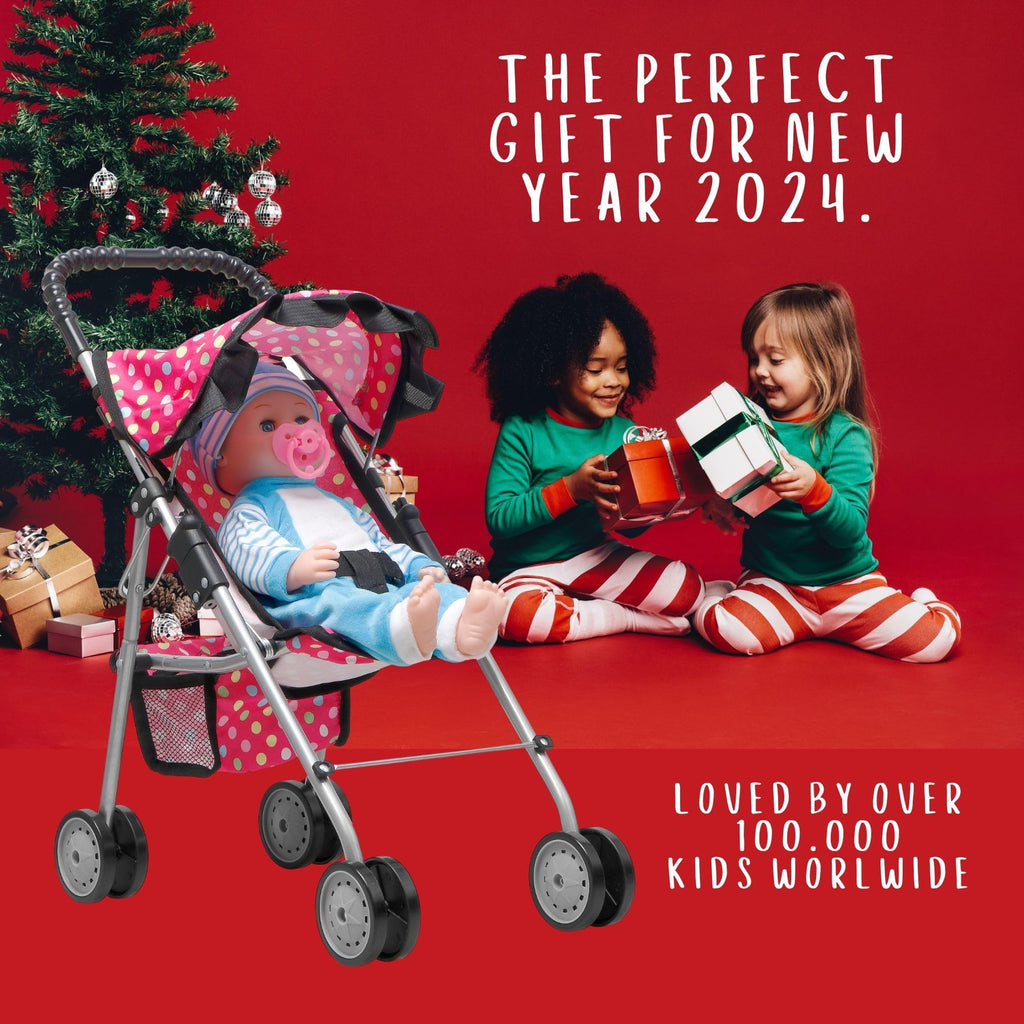 fash n kolor® - Doll Stroller My First Baby Doll Strollers Toy - Flower Design with Basket in The Bottom- Doll Accessories 2 Free Magic Bottles Included (Polka Dot)