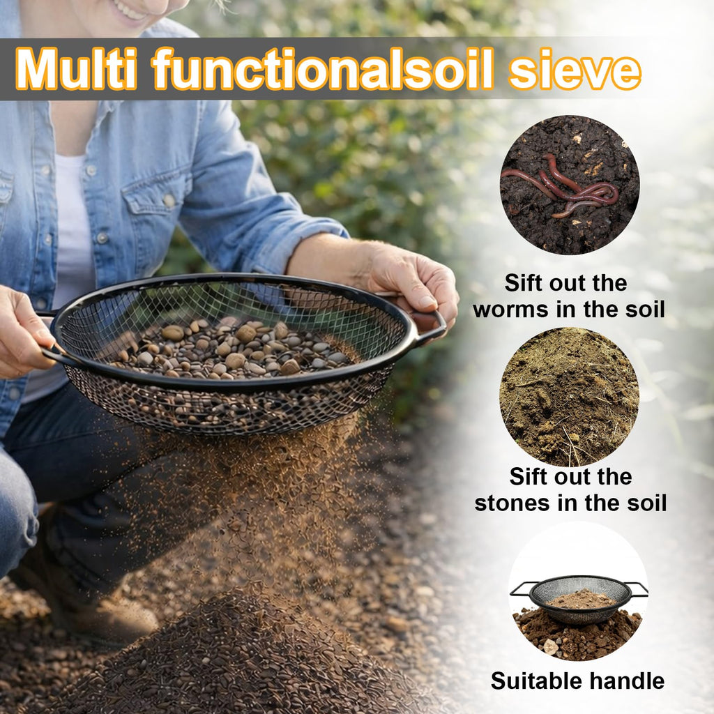 2PCS Soil Sifter for Gardening, Rock Sifter for 5 Gallon Bucket,Compost Sifter Dirt Sifter,Captures Dirt Rocks Sawdust Black Handle Upgrade Version