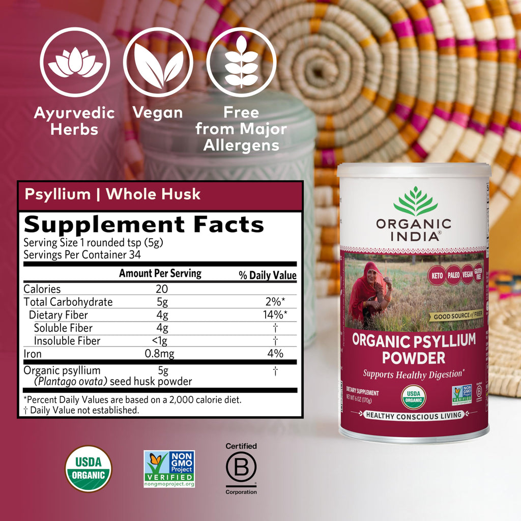 ORGANIC INDIA Psyllium Powder Organic - Fine Grain Psyllium Supplement, Digestion Support, Vegan, Gluten-Free, Non-GMO, Source of Fiber - 6 oz (Pack of 3)