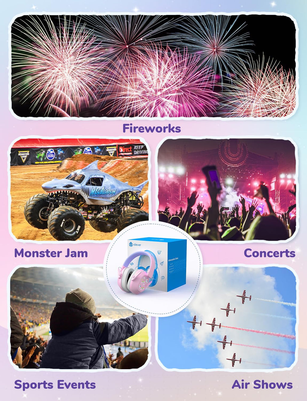 iClever Noise Cancelling Headphones for Kids, SNR 29dB Safety Noise Reduction Ear Muffs for Autism Sensory &Concentration Aid, Ear Hearing Protection for Fireworks/Event/Monster Jam, Rainbow Pony