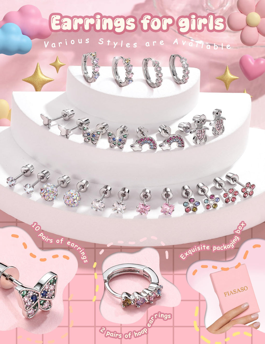 FIASASO Hypoallergenic Surgical Stainless Steel Earrings for Girls Kids Women - 12 Pair Screw Back Earrings for Sensitive Ears Cute Flower Butterfly Toddler Stud Hoop Earings Screwback Girl