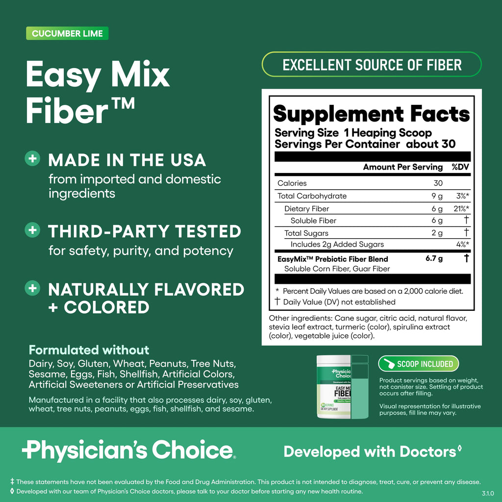 Physician's CHOICE Easy Mix Fiber for Digestive Health & Regularity - No Grit - Daily Prebiotic Soluble Fiber Powder Supplement for Women and Men - Cucumber Lime - 30 Servings